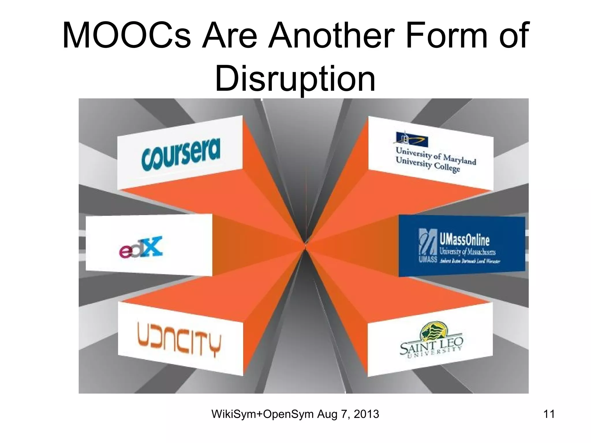 MOOCs Are Another Form of
Disruption
WikiSym+OpenSym Aug 7, 2013 11
 