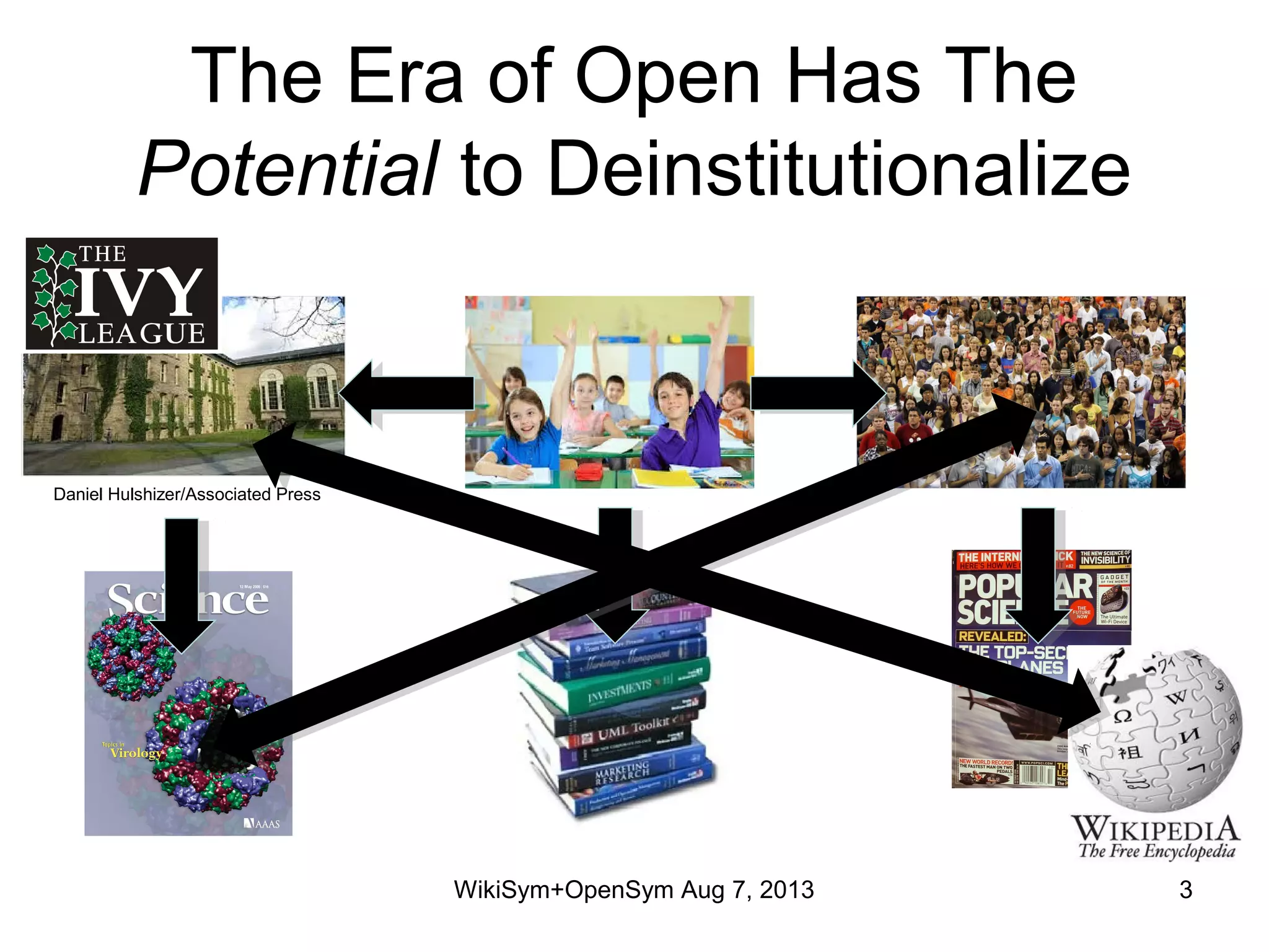 The Era of Open Has The
Potential to Deinstitutionalize
WikiSym+OpenSym Aug 7, 2013 3
Daniel Hulshizer/Associated Press
 