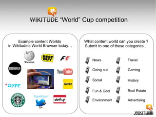 Example content Worlds  in Wikitude’s World Browser today… What content world can you create ? Submit to one of these categories… “ World” Cup competition Travel Gaming History Real Estate Advertising News Going out Social Fun & Cool Environment 