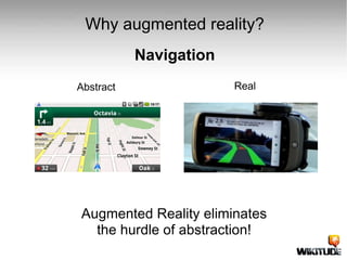 Augmented Reality eliminates  the hurdle of abstraction!  Why augmented reality? Abstract Real Navigation 