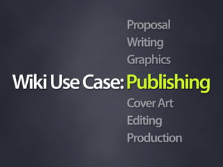 Proposal
              Writing
              Graphics
Wiki Use Case: Publishing
              Cover Art
              Editing
              Production
 