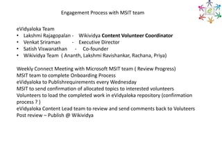Engagement Process with MSIT team

eVidyaloka Team
• Lakshmi Rajagopalan - Wikividya Content Volunteer Coordinator
• Venkat Sriraman
- Executive Director
• Satish Viswanathan - Co-founder
• Wikividya Team ( Ananth, Lakshmi Ravishankar, Rachana, Priya)
Weekly Connect Meeting with Microsoft MSIT team ( Review Progress)
MSIT team to complete Onboarding Process
eVidyaloka to Publishrequirements every Wednesday
MSIT to send confirmation of allocated topics to interested volunteers
Volunteers to load the completed work in eVidyaloka repository (confirmation
process ? )
eVidyaloka Content Lead team to review and send comments back to Voluteers
Post review – Publish @ Wikividya

 