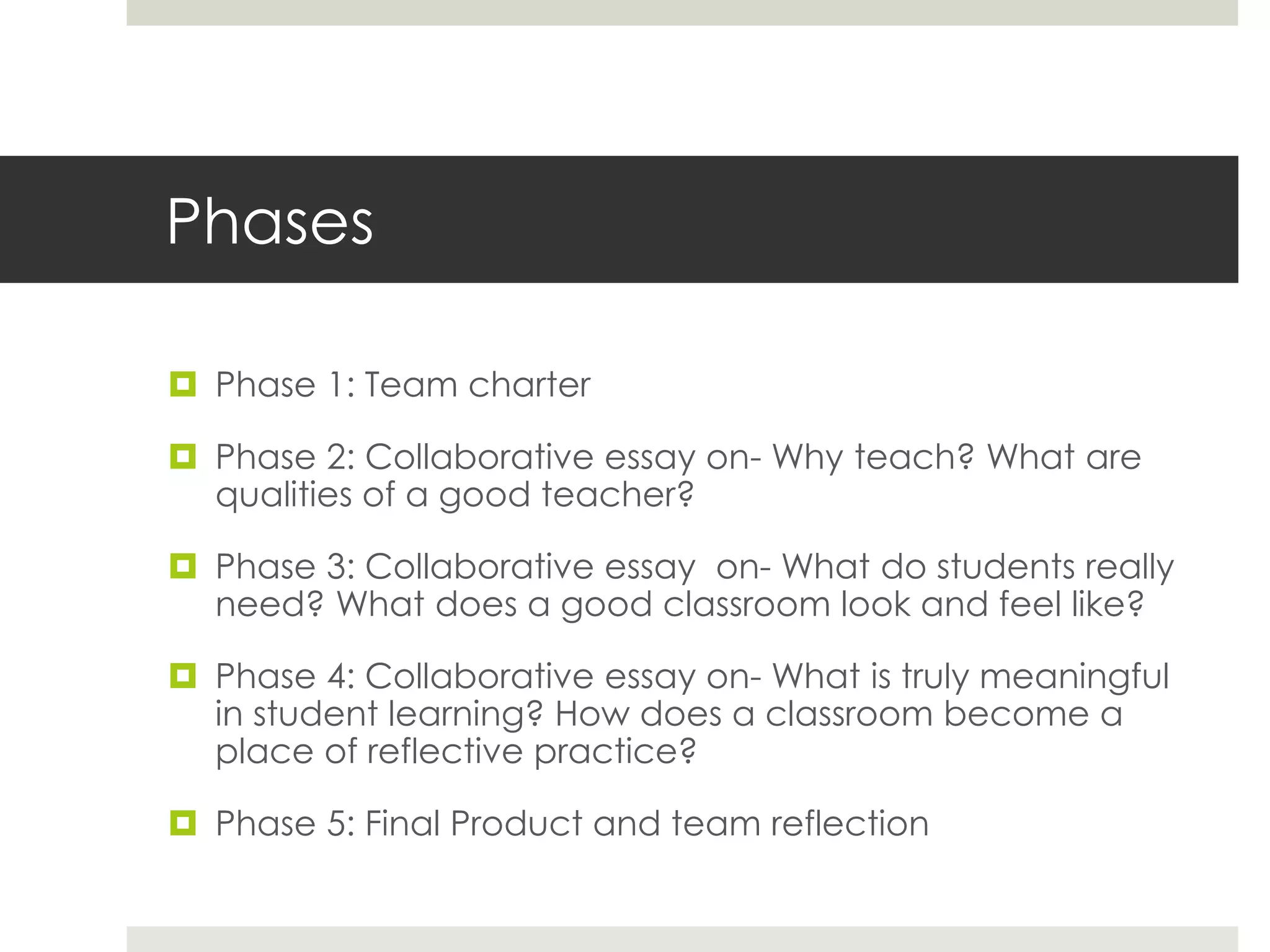 Phases
 Phase 1: Team charter
 Phase 2: Collaborative essay on- Why teach? What are
qualities of a good teacher?
 Phase 3: Collaborative essay on- What do students really
need? What does a good classroom look and feel like?
 Phase 4: Collaborative essay on- What is truly meaningful
in student learning? How does a classroom become a
place of reflective practice?
 Phase 5: Final Product and team reflection
 