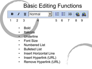 Basic Editing Functions Bold Italicize Underline Font Size Numbered List Bulleted List Insert Horizontal Line Insert Hyperlink (URL) Remove Hyperlink (URL) 1  2  3  4  5  6  7  8  9 