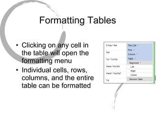 Formatting Tables Clicking on any cell in the table will open the formatting menu Individual cells, rows, columns, and the entire table can be formatted 