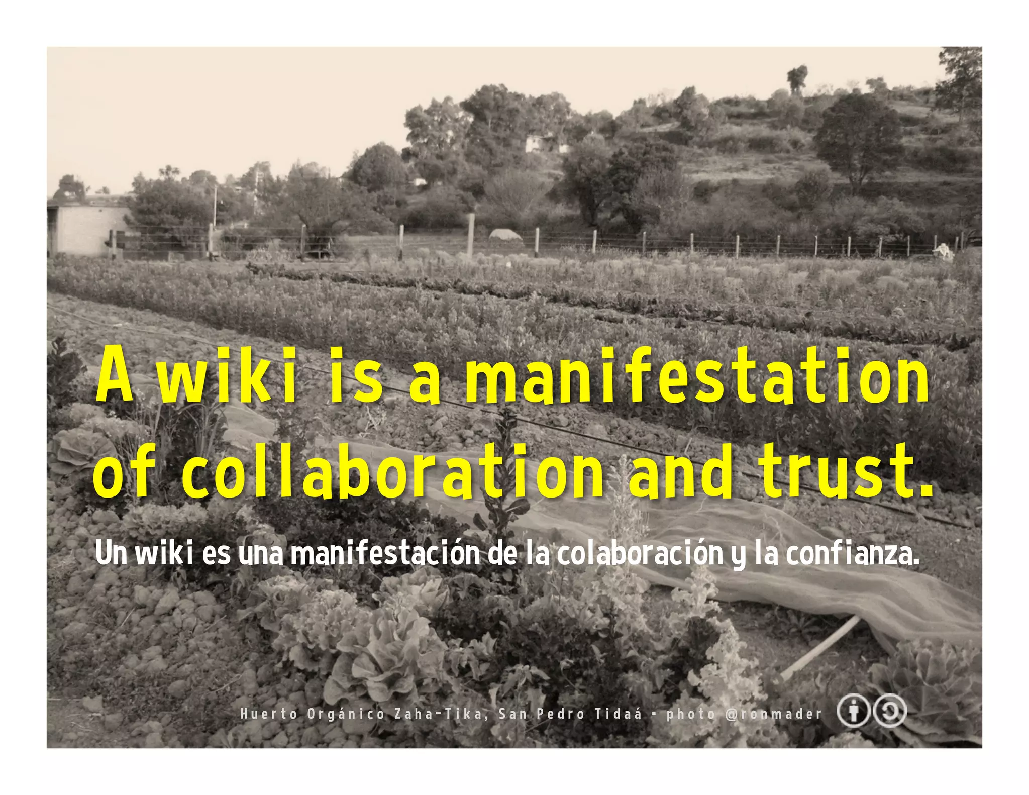 H u e r t o O r g á n i c o Z a h a - T i k a , S a n P e d r o T i d a á • p h o t o @ r o n m a d e r
Un wiki es una manifestación de la colaboración y la confianza.
 