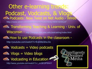 Podcasts: New Twist on Net Audio - Wired -  http://www.wired.com/entertainment/music/news/2004/10/65237 Transforming Teaching & Learning - Univ. of Wisconsin -  http://engage.doit.wisc.edu/podcasting/index.html How to use Podcasts in the classroom -  http://youtube.com/watch?v=ExkMeQfuLGc Vodcasts = Video podcasts Vlogs = Video blogs Vodcasting in Education -  http://www.youtube.com/watch?v=_zcQEQP6NAY Other e-learning trends: Podcast, Vodcasts, & Vlogs ---> 