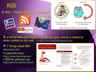 RSS RSS = “Really Simple Syndication” a format that was created to syndicate news, and be a means to share content on the web.  ~  http://www.backinskinnyjeans.com/ 7 Things about RSS -  educause.edu Lipscomb news -  http://news.lipscomb.edu/ RSS for personal use  http://del.icio.us/thornthwch 