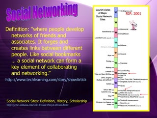 Definition: “where people develop networks of friends and associates. It forges and creates links between different people. Like social bookmarks … a social network can form a key element of collaborating and networking.” http://www.techlearning.com/story/showArticle.php?articleID=196605124 Social Networking Social Network Sites: Definition, History, Scholarship http://jcmc.indiana.edu/vol13/issue1/boyd.ellison.html RIP: 2001 