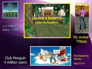 Club Penguin 4 million users 1.2 million users, 1/08 Purchased by Disney… Kids 8-14 My avatar: TNlady 