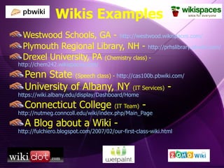 Wikis Examples Westwood Schools, GA -   http://westwood.wikispaces.com/ Plymouth Regional Library, NH -  http://prhslibrary.pbwiki.com/ Drexel University, PA  (Chemistry class) -  http://chem242.wikispaces.com/ Penn State  (Speech class) -  http://cas100b.pbwiki.com/ University of Albany, NY  (IT Services)  -  https://wiki.albany.edu/display/Dashboard/Home Connecticut College  (IT Team)  - http://nutmeg.conncoll.edu/wiki/index.php/Main_Page A Blog about a Wiki -  http://fulchiero.blogspot.com/2007/02/our-first-class-wiki.html 