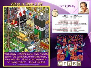 What is Web 2.0? Tim O’Reilly “ Technology is shifting power away from the editors, the publishers, the establishment,  the media elite.  Now it’s the people who  are taking control.” ~ Rupert Murdoch Web 2.0 for Beginners   - Mike Stopforth We Are the Web! 