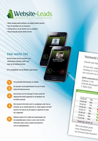 Een potentiële klant bezoekt uw website
De bezoeker wordt geïdentificeerd via zijn IP-adres
(Internet Protocolnummer)
Aan de hand van het verkregen IP-adres wordt het
bijbehorende bedrijf opgezocht in de database van
het DATA-collectief
Alle relevante informatie wordt nu vastgelegd, zoals hoe uw
bezoeker op uw website gekomen is, welke pagina’s hij heeft
bezocht, hoe lang hij op die pagina’s is gebleven en waar
hij is afgehaakt
Website-Leads.nl B.V. maakt een bezoekrapport van
het websitebezoek en stuurt u een e-mail met alle
informatie zodat u direct contact kunt opnemen
met uw websitebezoeker
1
2
3
4
5
• Weet vandaag welke bedrijven uw website hebben bezocht
• Ken de behoeftes van uw bezoekers
• Spring direct in op de wensen van uw prospects
• Haal eenvoudig nieuwe klanten binnen
Op het moment dat een nummer in uw
telefoonboek voorkomt, heeft u een
naam bij het telefoonnummer.
Dit is vergelijkbaar met de Website-Leads service.
Hoe werkt het
Voorbeeld o
Geachte heer Rade
De heer W.S. Leadsvandaag om 15:53
een overzicht van he
DATA-collectief B.VColtbaan 4 C/D
3439 NG NieuwegeinT: 0800-2028
Met vriendelijke groet,Ineke PeppelenboschUw Personal Sales Assistant
15:53:41 18s
Donderdag 3 januari 2013
15:53:59 28s
15:54:27 17s
15:54:44 29s
15:55:13 10s
15:55:23 58s
15:56:21 98s
Totale tijd: 00:04:18
15:57:59 34s
Website-LeadsU W W E B S I T E A L S L E A D G E N E R A T O R
 