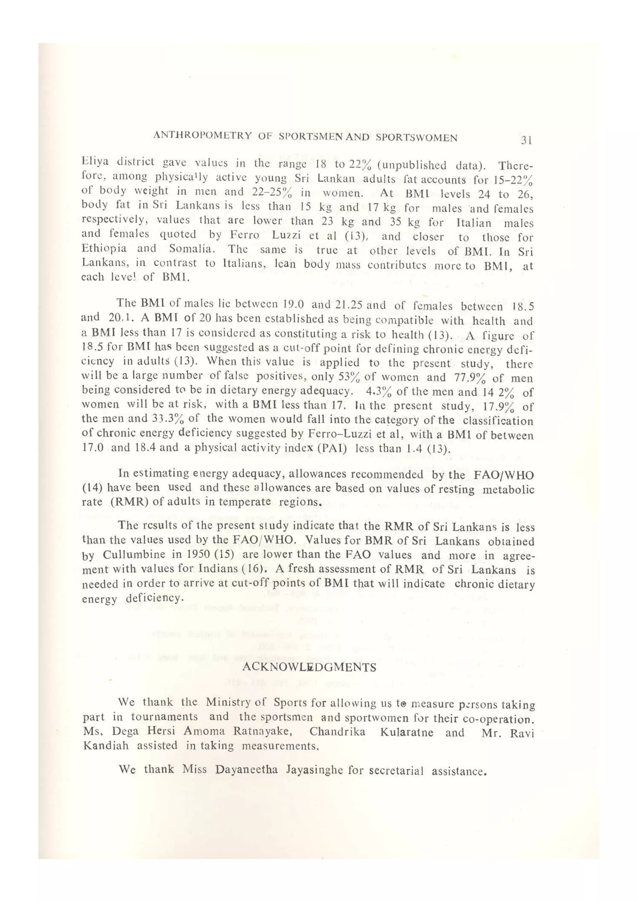 Authropometry of Sri Lankan Sportsmen and Sportswomen, with Special Reference to Body Mass Index