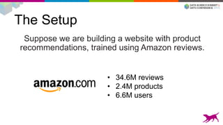 The Setup
Suppose we are building a website with product
recommendations, trained using Amazon reviews.
• 34.6M reviews
• 2.4M products
• 6.6M users
 