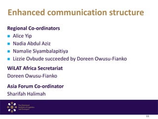 Enhanced communication structure
Regional Co-ordinators
 Alice Yip
 Nadia Abdul Aziz
 Namalie Siyambalapitiya
 Lizzie ...