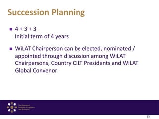 Succession Planning
15
 4 + 3 + 3
Initial term of 4 years
 WiLAT Chairperson can be elected, nominated /
appointed throu...
