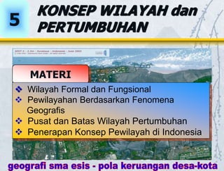 KONSEP WILAYAH dan
PERTUMBUHAN
5
MATERI
 Wilayah Formal dan Fungsional
 Pewilayahan Berdasarkan Fenomena
Geografis
 Pusat dan Batas Wilayah Pertumbuhan
 Penerapan Konsep Pewilayah di Indonesia
 