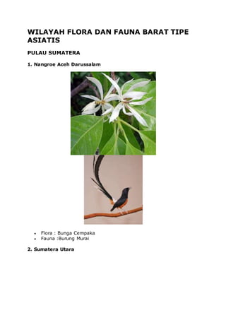 WILAYAH FLORA DAN FAUNA BARAT TIPE
ASIATIS
PULAU SUMATERA
1. Nangroe Aceh Darussalam
 Flora : Bunga Cempaka
 Fauna :Burung Murai
2. Sumatera Utara
 