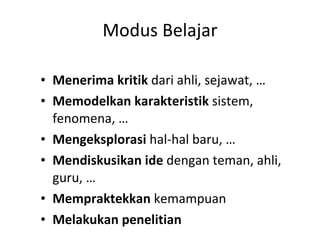 Modus Belajar Menerima kritik  dari ahli, sejawat, … Memodelkan karakteristik  sistem, fenomena, … Mengeksplorasi  hal-hal baru, … Mendiskusikan ide  dengan teman, ahli, guru, … Mempraktekkan  kemampuan Melakukan penelitian 