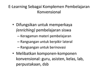 E-Learning Sebagai Komplemen Pembelajaran Konvensional Difungsikan untuk memperkaya  (enriching)  pembelajaran siswa Keragaman materi pembelajaran Rangsangan untuk berpikir lateral Rangsangan untuk berinovasi Melibatkan komponen-komponen konvensional: guru, asisten, kelas, lab, perpustakaan, dsb 