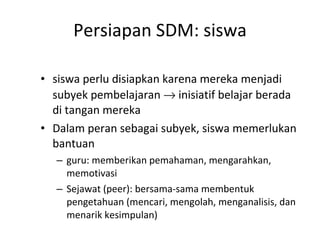 Persiapan SDM: siswa siswa perlu disiapkan karena mereka menjadi subyek pembelajaran    inisiatif belajar berada di tangan mereka Dalam peran sebagai subyek, siswa memerlukan bantuan guru: memberikan pemahaman, mengarahkan, memotivasi Sejawat (peer): bersama-sama membentuk pengetahuan (mencari, mengolah, menganalisis, dan menarik kesimpulan) 