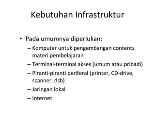 Kebutuhan Infrastruktur Pada umumnya diperlukan: Komputer untuk pengembangan contents materi pembelajaran Terminal-terminal akses (umum atau pribadi) Piranti-piranti periferal (printer, CD-drive, scanner, dsb) Jaringan lokal Internet 