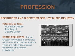 PROFESSION
Potential Job Titles:
• Production Director
• Talent Agent
• Creative Director
BRAND ARCHETYPE - I am a
Creator. My strategy is to develop
artistic control and skill to realize a
vision and help artists express
themselves and promote
individuality.
PRODUCERS AND DIRECTORS FOR LIVE MUSIC INDUSTRY
Picture Relevant
to Your Industry
Goes Here
 