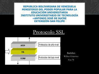 REPUBLICA BOLIVARIANA DE VENEZUELA
MINISTERIO DEL PODER POPULAR PARA LA
EDUCACIÓN UNIVERSITARIA
INSTITUTO UNIVERSITARIO DE TECNOLOGÍA
«ANTONIO JOSÉ DE SUCRE
EXTENSIÓN-SAN FELIPE

Protocolo SSL

Bachiller:
Wilber Gimenez
Esc.78

 