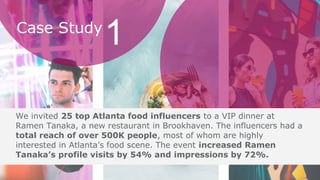 We invited 25 top Atlanta food influencers to a VIP dinner at
Ramen Tanaka, a new restaurant in Brookhaven. The influencers had a
total reach of over 500K people, most of whom are highly
interested in Atlanta’s food scene. The event increased Ramen
Tanaka’s profile visits by 54% and impressions by 72%.
Case Study
1
 