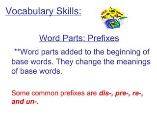 Vocabulary Skills: Word Parts: Prefixes   **Word parts added to the beginning of base words. They change the meanings of base words. Some common prefixes are  dis-, pre-, re-, and un-. 