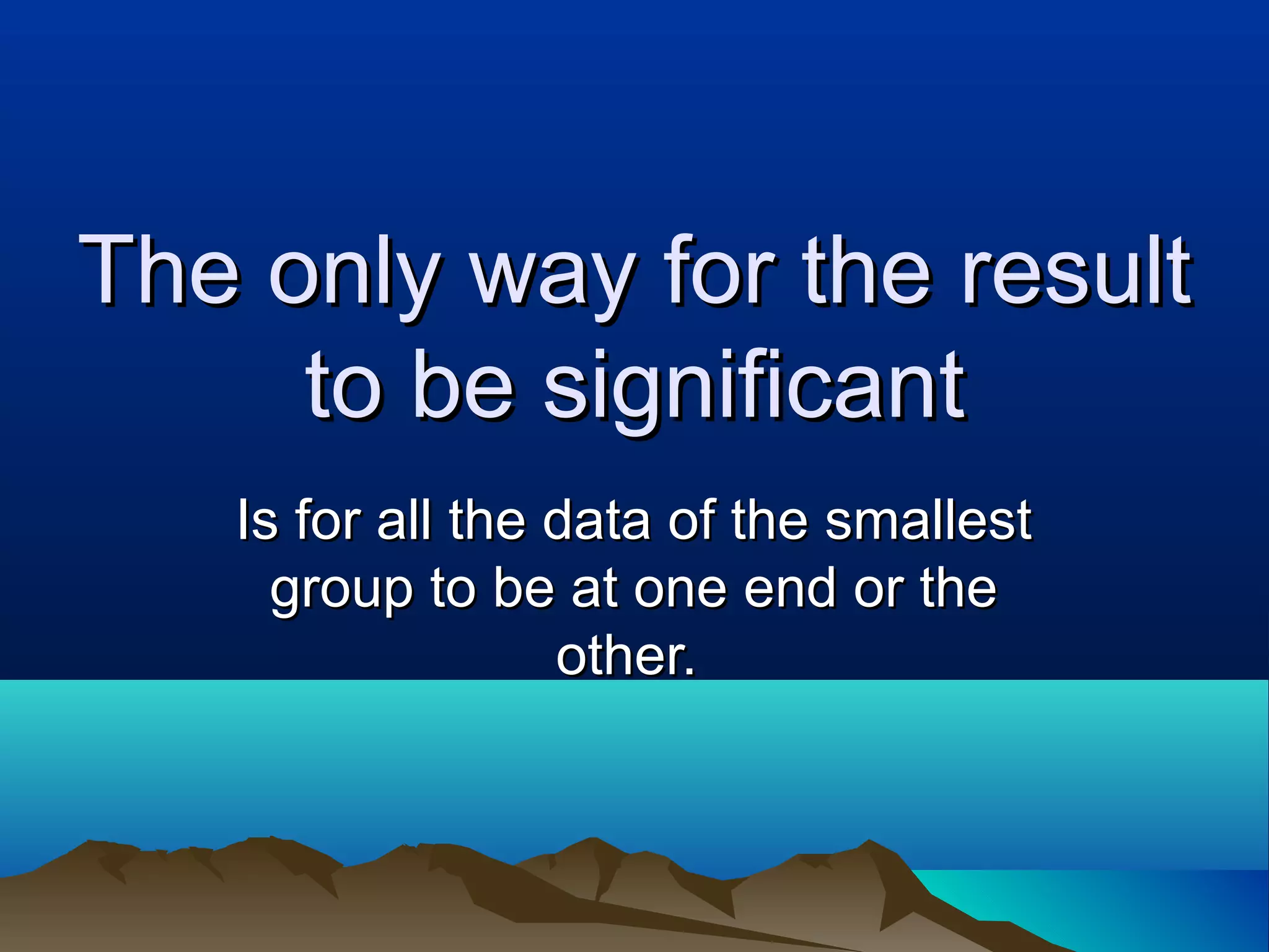The only way for the result
     to be significant
   Is for all the data of the smallest
     group to be at one end or the
                  other.
 