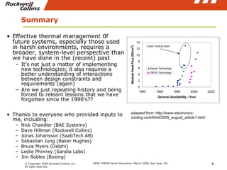 Summary Effective thermal management 0f future systems, especially those used in harsh environments, requires a broader, system-level perspective than we have done in the (recent) past It’s not just a matter of implementing new technologies; it also requires a better understanding of interactions between design constraints and requirements (again) Are we just repeating history and being forced to relearn lessons that we have forgotten since the 1990’s?? Thanks to everyone who provided inputs to me, including: Nick Chandler (BAE Systems) Dave Hillman (Rockwell Collins) Jonas Johansson (SaabTech AB) Sebastian Jung (Baker Hughes) Bruce Myers (Delphi) Leslie Phinney (Sandia Labs) Jim Robles (Boeing) adapted from: http://www.electronics-cooling.com/html/2005_august_article1.html 