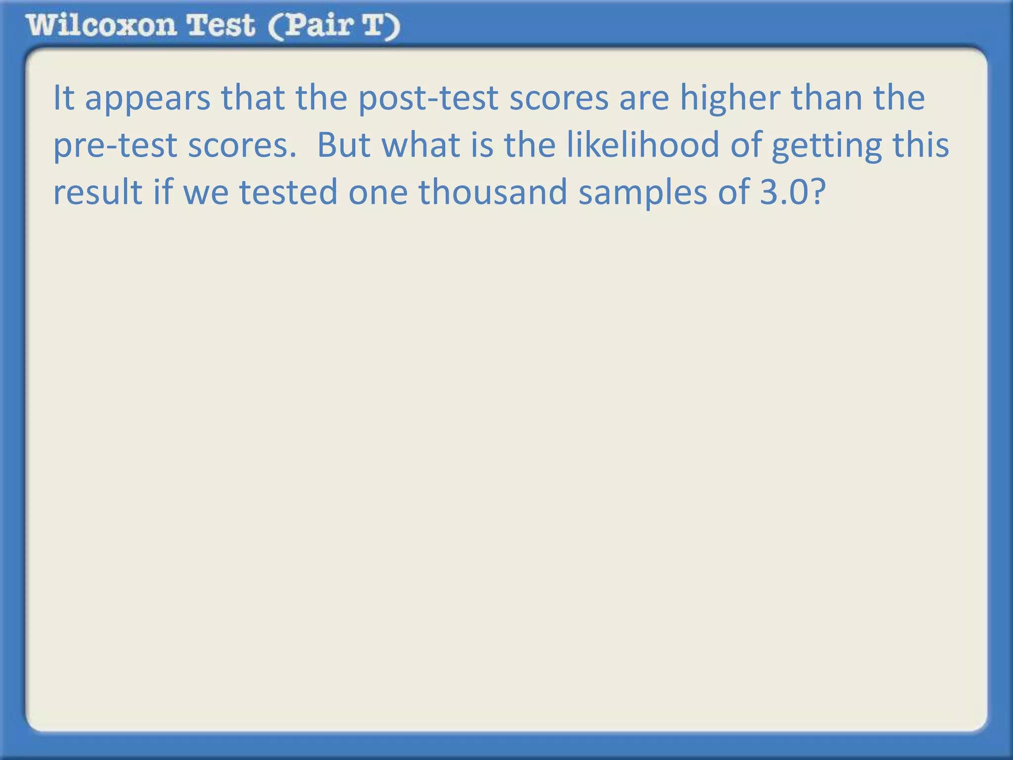 It appears that the post-test scores are higher than the 
pre-test scores. But what is the likelihood of getting this 
result if we tested one thousand samples of 3.0? 
 