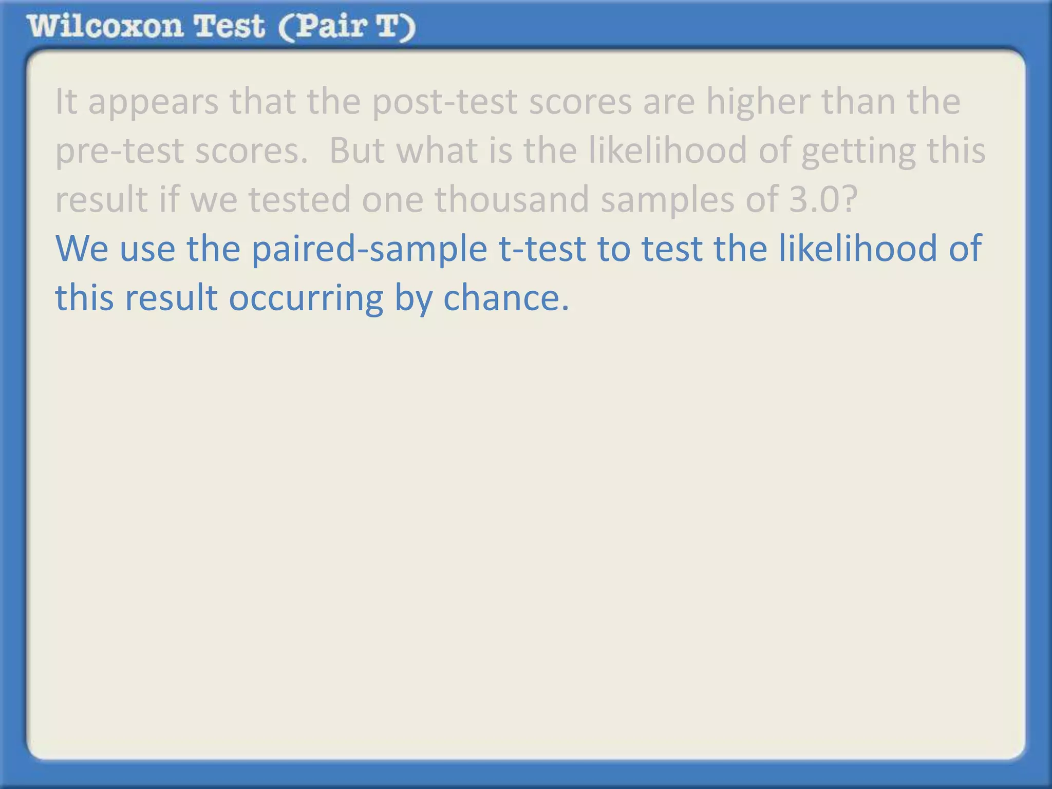 It appears that the post-test scores are higher than the 
pre-test scores. But what is the likelihood of getting this 
result if we tested one thousand samples of 3.0? 
We use the paired-sample t-test to test the likelihood of 
this result occurring by chance. 
 