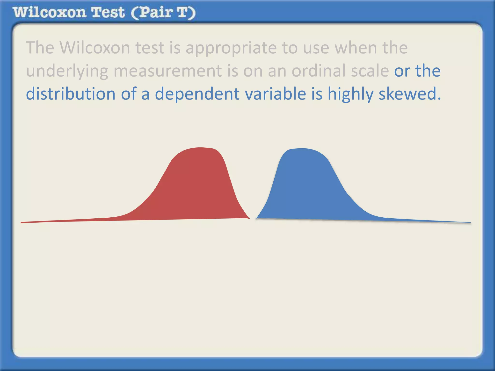 The Wilcoxon test is appropriate to use when the 
underlying measurement is on an ordinal scale or the 
distribution of a dependent variable is highly skewed. 
 