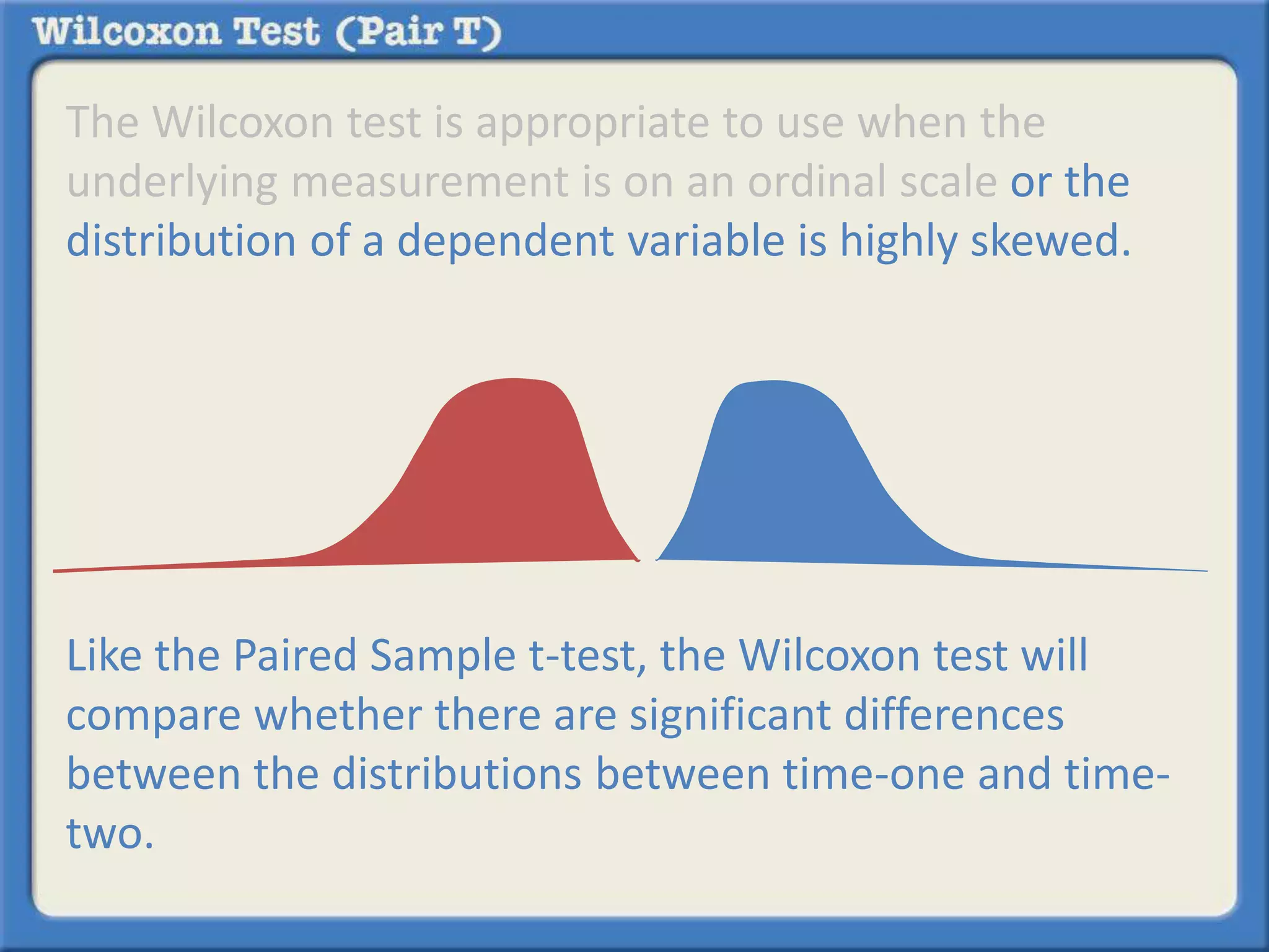 The Wilcoxon test is appropriate to use when the 
underlying measurement is on an ordinal scale or the 
distribution of a dependent variable is highly skewed. 
Like the Paired Sample t-test, the Wilcoxon test will 
compare whether there are significant differences 
between the distributions between time-one and time-two. 
 