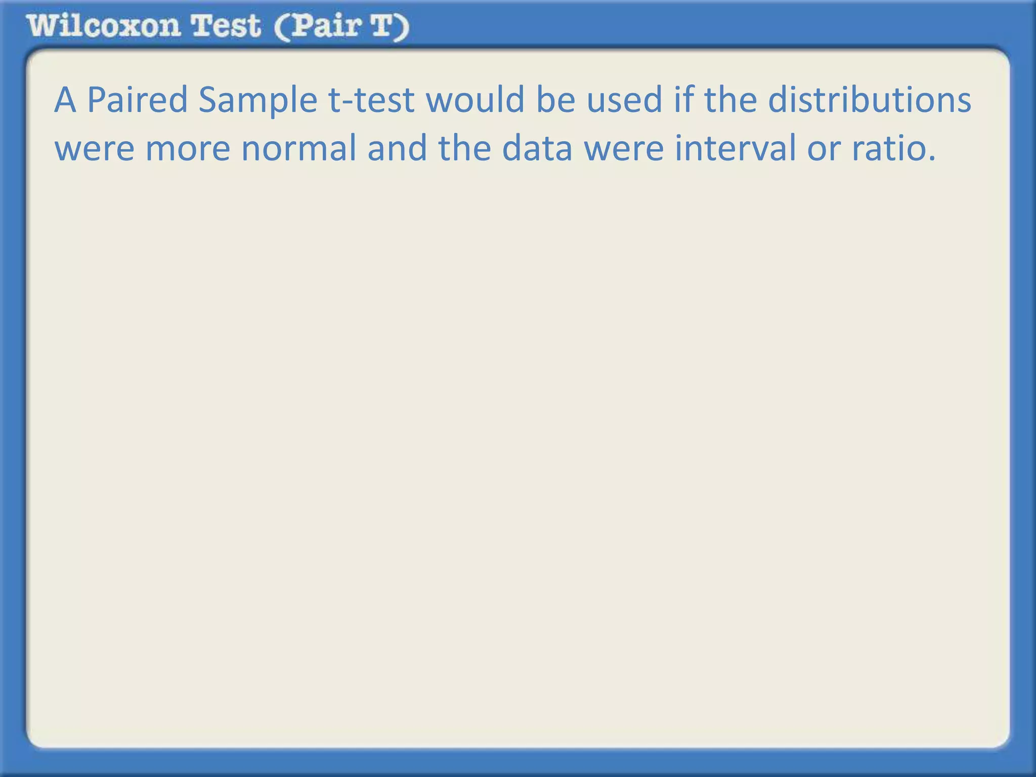A Paired Sample t-test would be used if the distributions 
were more normal and the data were interval or ratio. 
 