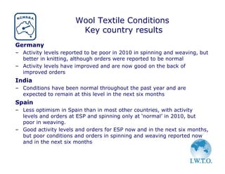 Wool Textile Conditions
                        Key country results
Germany
– Activity levels reported to be poor in 2010 in spinning and weaving, but
  better in knitting, although orders were reported to be normal
– Activity levels have improved and are now good on the back of
  improved orders
India
– Conditions have been normal throughout the past year and are
  expected to remain at this level in the next six months
Spain
– Less optimism in Spain than in most other countries, with activity
  levels and orders at ESP and spinning only at ‘normal’ in 2010, but
  poor in weaving.
– Good activity levels and orders for ESP now and in the next six months,
  but poor conditions and orders in spinning and weaving reported now
  and in the next six months
 