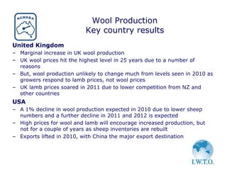 Wool Production
                           Key country results
United Kingdom
– Marginal increase in UK wool production
– UK wool prices hit the highest level in 25 years due to a number of
  reasons
– But, wool production unlikely to change much from levels seen in 2010 as
  growers respond to lamb prices, not wool prices
– UK lamb prices soared in 2011 due to lower competition from NZ and
  other countries
USA
– A 1% decline in wool production expected in 2010 due to lower sheep
  numbers and a further decline in 2011 and 2012 is expected
– High prices for wool and lamb will encourage increased production, but
  not for a couple of years as sheep inventories are rebuilt
– Exports lifted in 2010, with China the major export destination
 
