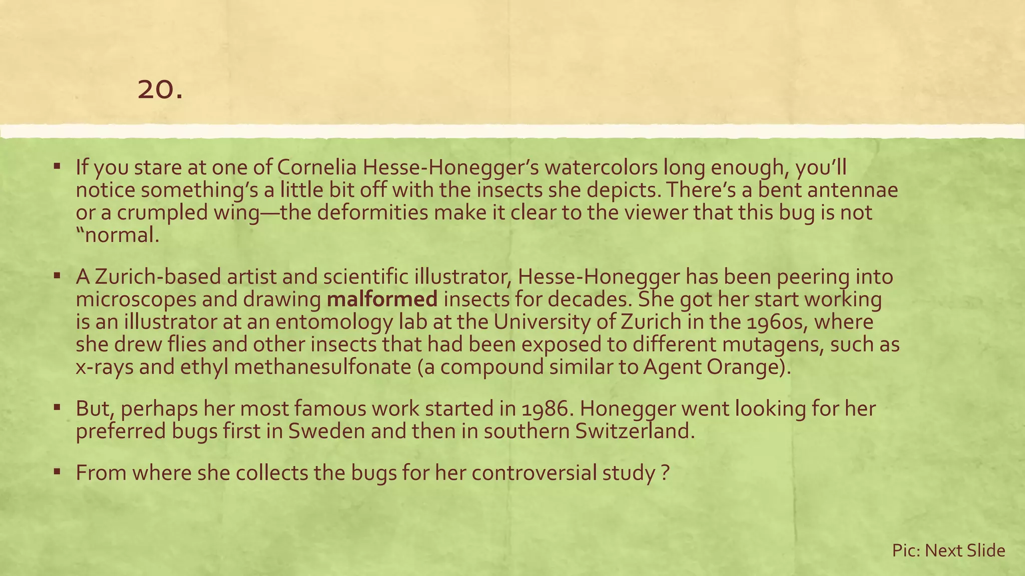 20.
▪ If you stare at one of Cornelia Hesse-Honegger’s watercolors long enough, you’ll
notice something’s a little bit off with the insects she depicts.There’s a bent antennae
or a crumpled wing—the deformities make it clear to the viewer that this bug is not
“normal.
▪ A Zurich-based artist and scientific illustrator, Hesse-Honegger has been peering into
microscopes and drawing malformed insects for decades. She got her start working
is an illustrator at an entomology lab at the University of Zurich in the 1960s, where
she drew flies and other insects that had been exposed to different mutagens, such as
x-rays and ethyl methanesulfonate (a compound similar to Agent Orange).
▪ But, perhaps her most famous work started in 1986. Honegger went looking for her
preferred bugs first in Sweden and then in southern Switzerland.
▪ From where she collects the bugs for her controversial study ?
Pic: Next Slide
 