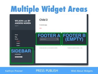 Kathryn Presner PRESS PUBLISH Wild About Widgets
Multiple Widget Areas
SIDEBAR
FOOTER A FOOTER B 
(EMPTY)
 