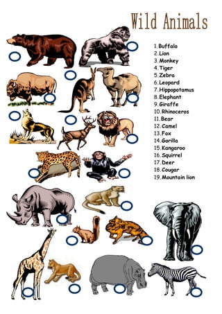 1. Buffalo 
2. Lion 
3. Monkey 
4. Tiger 
5. Zebra 
6. Leopard 
7. Hippopotamus 
8. Elephant 
9. Giraffe 
10. Rhinoceros 
11. Bear 
12. Camel 
13. Fox 
14. Gorilla 
15. Kangaroo 
16. Squirrel 
17. Deer 
18. Cougar 
19. Mountain lion 
 