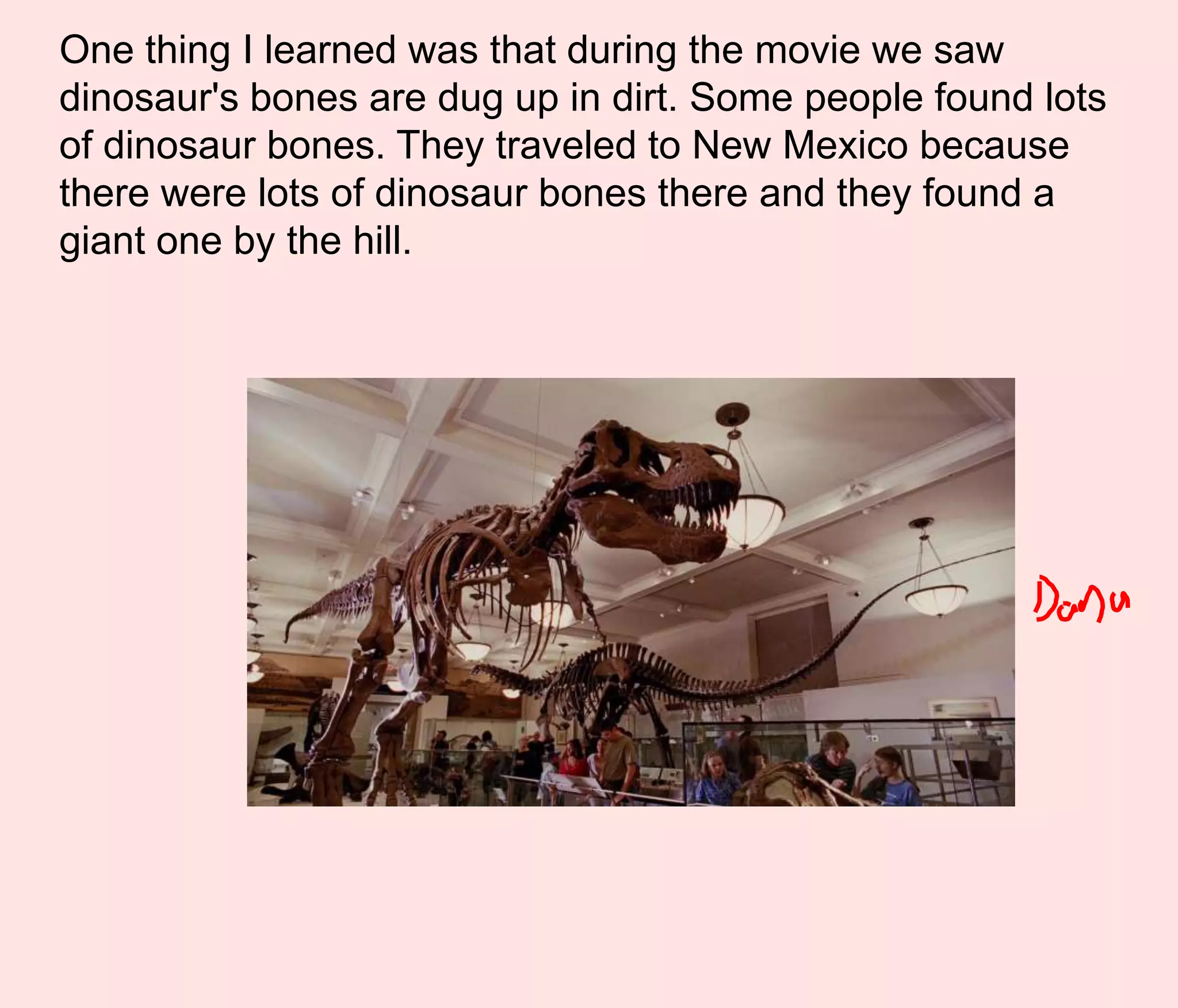 One thing I learned was that during the movie we saw dinosaur's bones are dug up in dirt. Some people found lots of dinosaur bones. They traveled to New Mexico because there were lots of dinosaur bones there and they found a giant one by the hill.