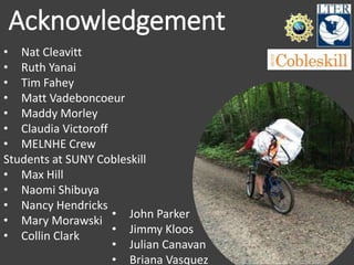 Acknowledgement
• Nat Cleavitt
• Ruth Yanai
• Tim Fahey
• Matt Vadeboncoeur
• Maddy Morley
• Claudia Victoroff
• MELNHE Crew
Students at SUNY Cobleskill
• Max Hill
• Naomi Shibuya
• Nancy Hendricks
• Mary Morawski
• Collin Clark
• John Parker
• Jimmy Kloos
• Julian Canavan
• Briana Vasquez
 