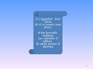 Il s’appelait  Don Titta Et il se tenait tout droit.   D’un horrible  tableau Les calcules il effaça  Et deux points il dessina 