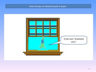 Entre temps un lézard écoute la leçon.  C’est vrai ! Vraiment vrai !  