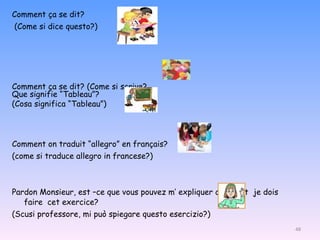 Comment ça se dit? (Come si dice questo?) Comment ça se dit? (Come si scrive? Comment on traduit “allegro” en français?  (come si traduce allegro in francese?) Pardon Monsieur, est –ce que vous pouvez m’ expliquer comment  je dois faire  cet exercice? (Scusi professore, mi può spiegare questo esercizio?) Que signifie “Tableau”? (Cosa significa “Tableau”) 