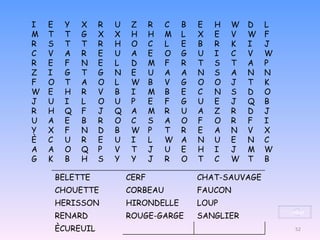 index I E Y X R U Z R C B E H W D L M T T G X X H H M L X E V W F R S T T R H O C L E B R K I J C V A R E U A E O G U I C V W R E F N E L D M F R T S T A P Z I G T G N E U A A N S A N N F O T A O L W B V G O O J T K W E H R V B I M B E C N S D O J U I L O U P E F G U E J Q B R H Q F J Q A M R U A Z R D J U A E B R O C S A O F O R F I Y X F N D B W P T R E A N V X È C U R E U I L W A N U E N C A A O Q P V T J U E H I J M W G K B H S Y Y J R O T C W T B BELETTE CERF CHAT-SAUVAGE CHOUETTE CORBEAU FAUCON HERISSON HIRONDELLE LOUP RENARD ROUGE-GARGE SANGLIER ÈCUREUIL 