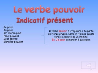 Je peux Tu peux Il/ elle/on peut Nous pouvons Vous pouvez Ils/elles peuvent Il verbo  pouvoir  è irregolare e fa parte del terzo gruppo. Come in italiano questo verbo è seguito da un infinito. Es.   Je peux  demander à quelqu’un. index 